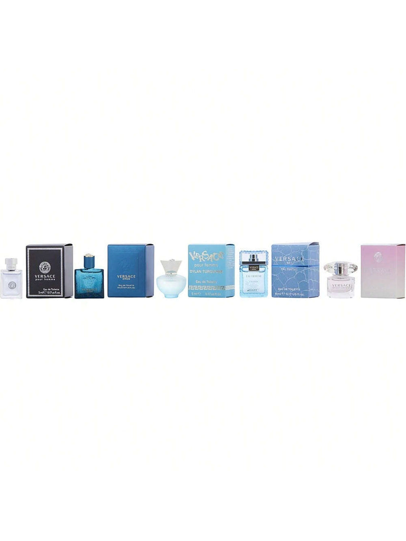 Versace 5 Pcs Mini Set: Eros 0.17 Eau De Toilette Men + Pour Homme 0.17 Eau De Toilette + Eau Fraiche 0.17 Eau De Toilette + Bright Crystal 0.17 Eau De Toilette + Dylan Turquoise 0.17 Eau De Toilette