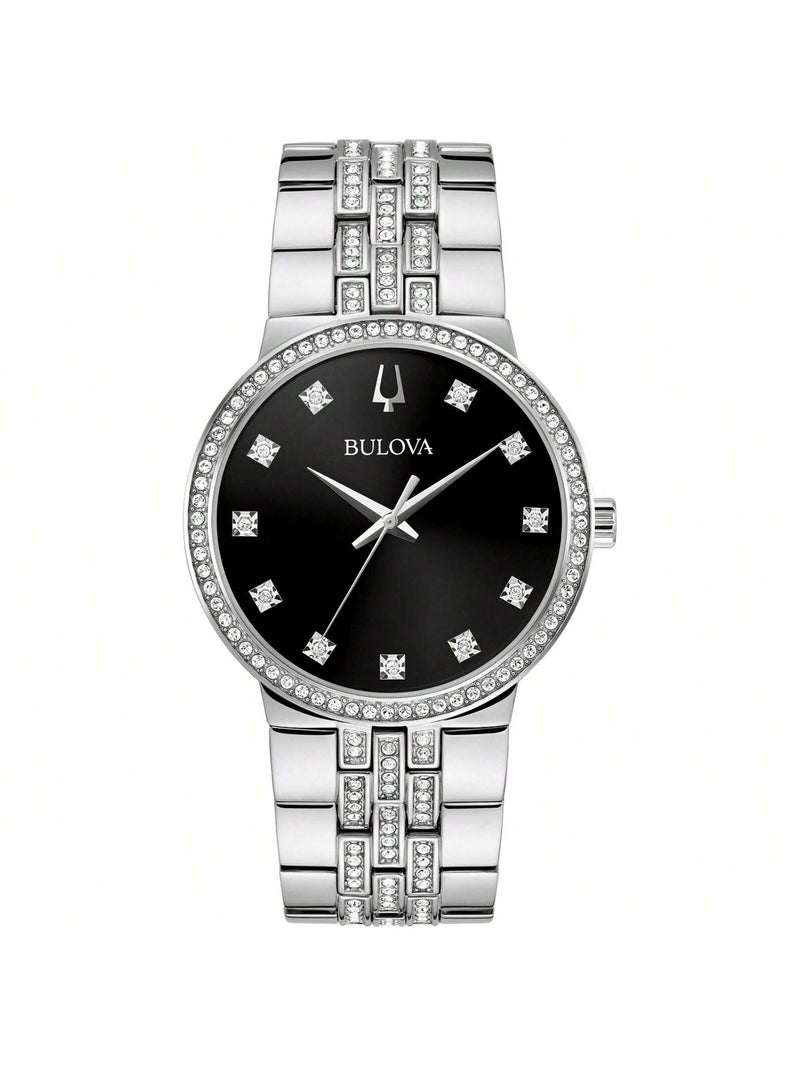 Bulova Men's Crystal 96K110 Bracelet Black Dial Quartz Movement Foldover Clasp 40mm Round Watch