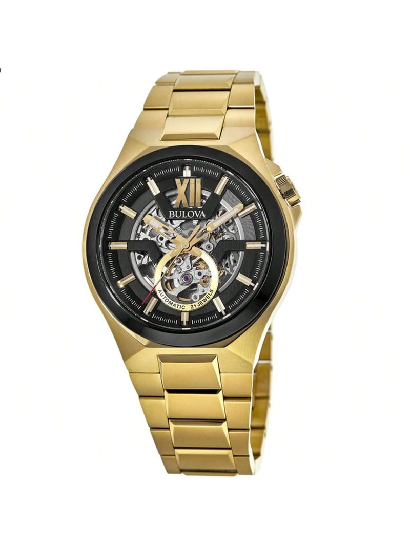 Bulova Men's Classic 98A178 Bracelet Black Dial Automatic Movement Fold over Clasp 46mm Round Watch