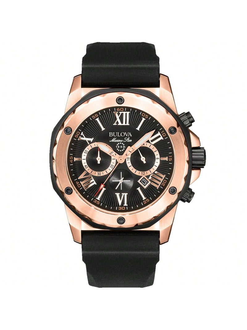 Bulova Men's Marine Star 98B104 Strap Black Dial Quartz Movement Buckle Clasp 44mm Round Watch