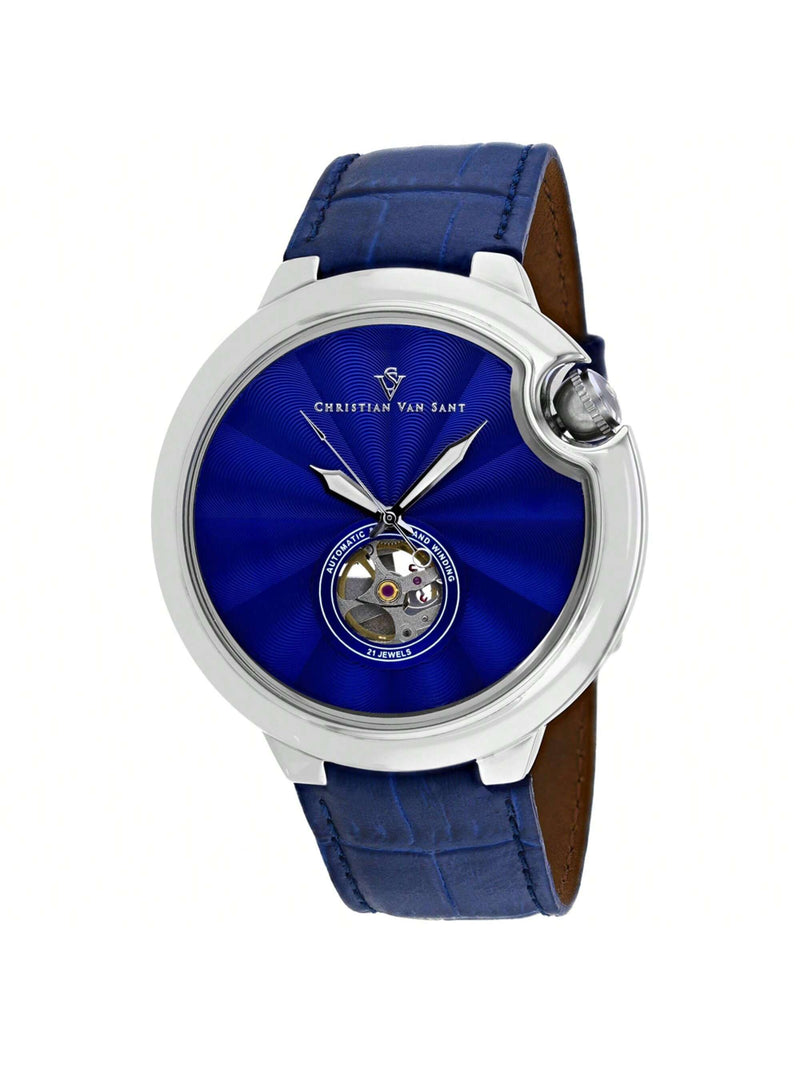 Christian Van Sant Men's Cyclone Automatic CV0140 Strap Blue Dial Automatic Movement Buckle Clasp 46mm Round Watch