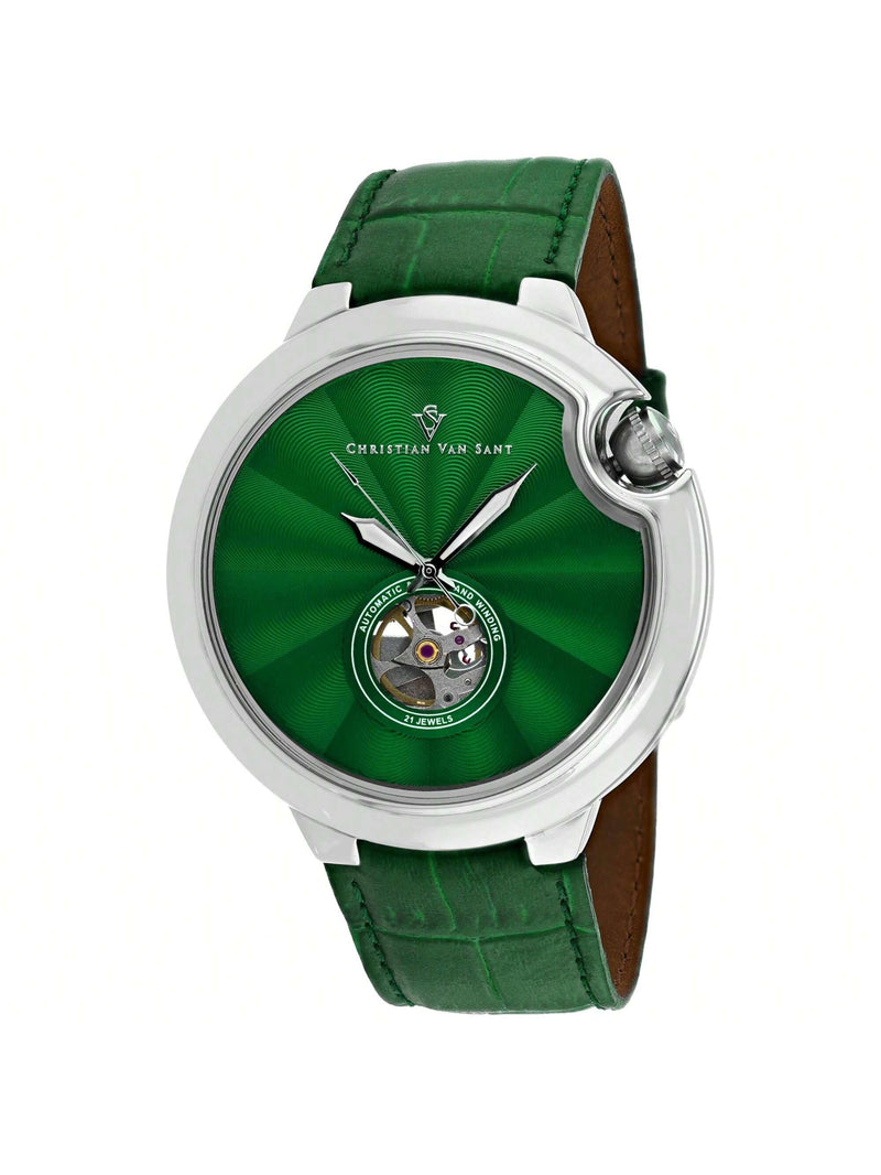 Christian Van Sant Men's Cyclone Automatic CV0149 Strap Green Dial Automatic Movement Buckle Clasp 46mm Round Watch