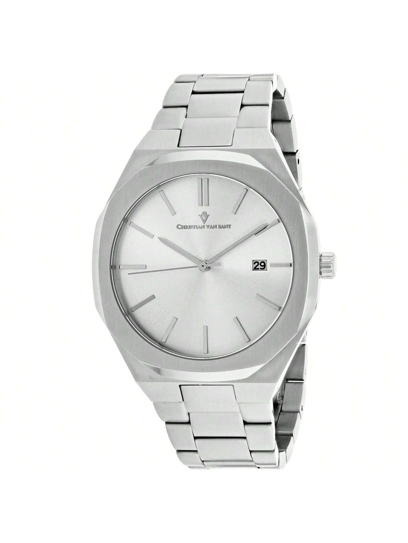 Christian Van Sant Men's Octavius Slim CV0521 Bracelet Silver Dial Quartz Movement Deployment Clasp 42mm Round Watch