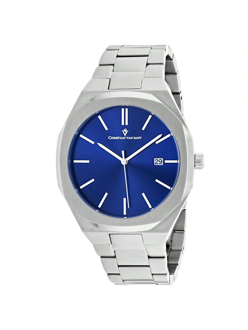 Christian Van Sant Men's Octavius Slim CV0522 Bracelet Blue Dial Quartz Movement Deployment Clasp 42mm Round Watch
