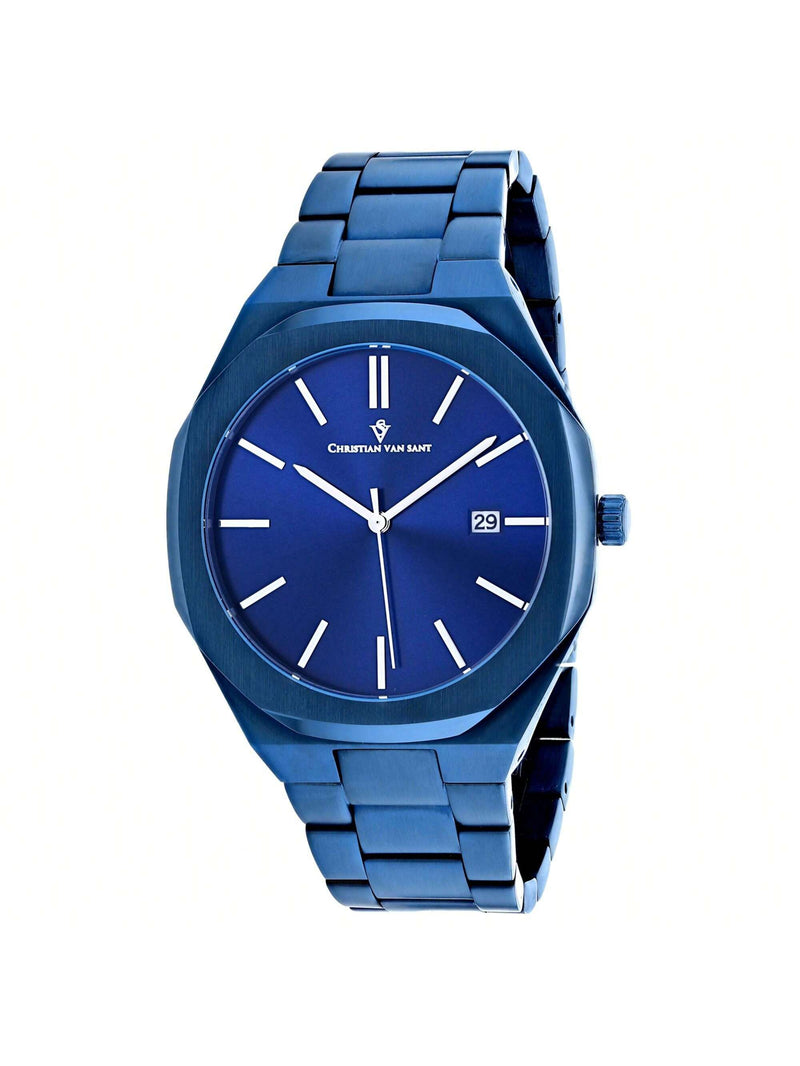 Christian Van Sant Men's Octavius Slim CV0526 Bracelet Blue Dial Quartz Movement Deployment Clasp 42mm Round Watch