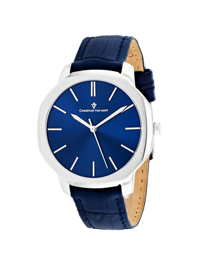 Christian Van Sant Men's Octavius Slim CV0532 Strap Blue Dial Quartz Movement Buckle Clasp 42mm Round Watch