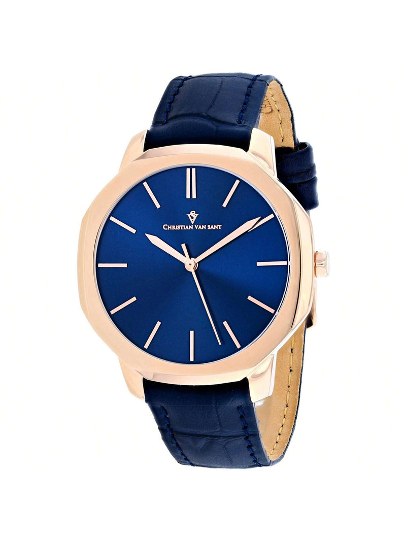 Christian Van Sant Men's Octavius Slim CV0535 Strap Blue Dial Quartz Movement Buckle Clasp 42mm Round Watch