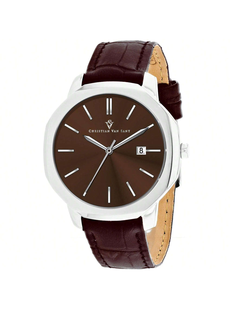Christian Van Sant Men's Octavius Slim CV0536 Strap Brown Dial Quartz Movement Buckle Clasp 42mm Round Watch