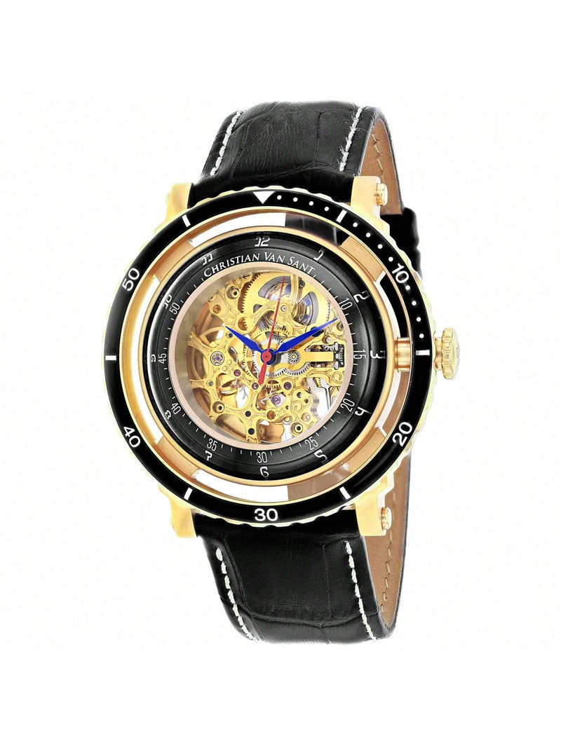 Christian Van Sant Men's Dome CV0750 Strap Gold Dial Automatic Movement Buckle Clasp 45mm Round Watch
