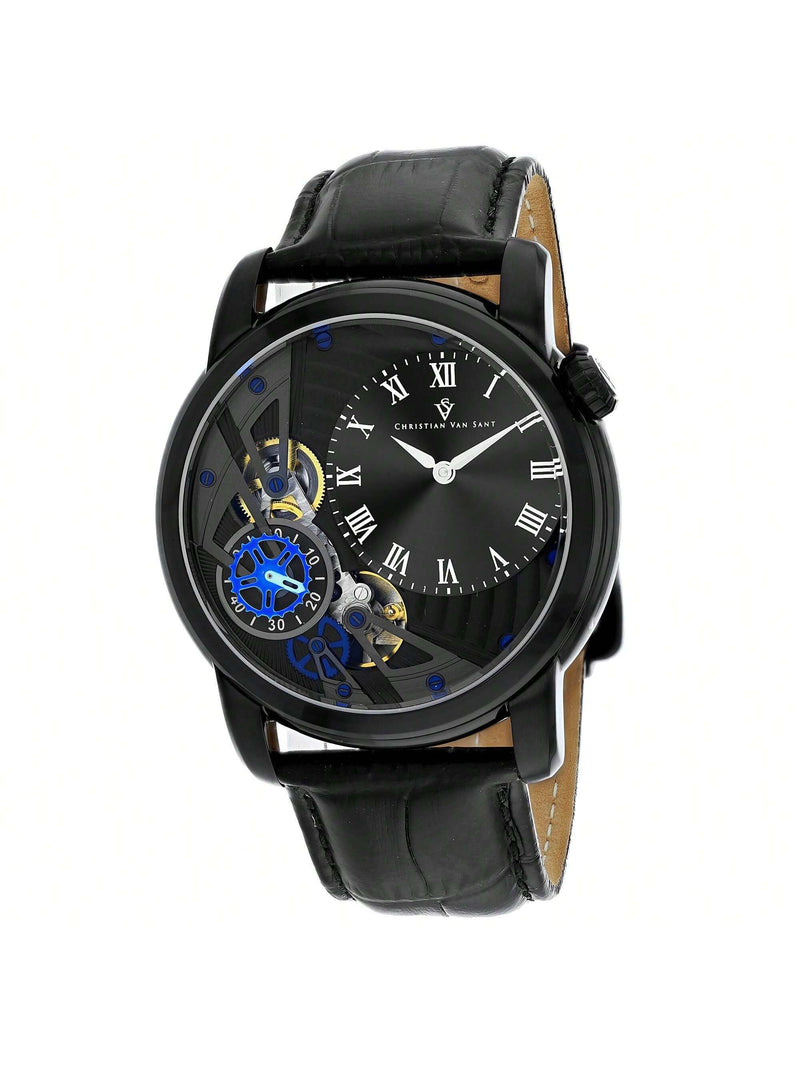 Christian Van Sant Men's Sprocket Auto-Quartz CV1550 Strap Black Dial Quartz Movement Buckle Clasp 44mm Round Watch