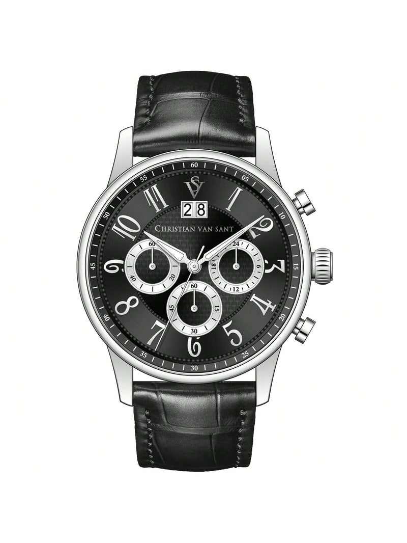 Christian Van Sant Men's Heritage CV3940 Strap Black Dial Quartz Movement Buckle Clasp 42mm Round Watch