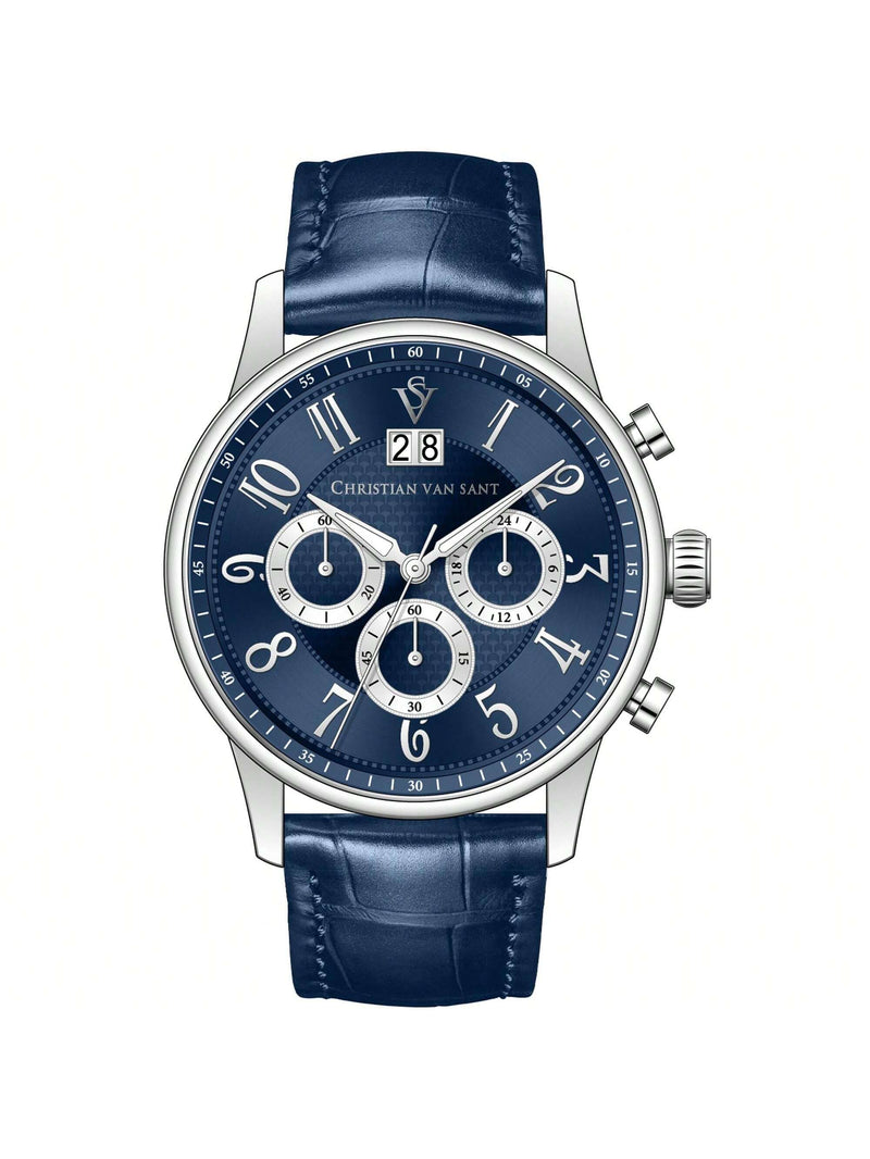 Christian Van Sant Men's Heritage CV3941 Strap Blue Dial Quartz Movement Buckle Clasp 42mm Round Watch