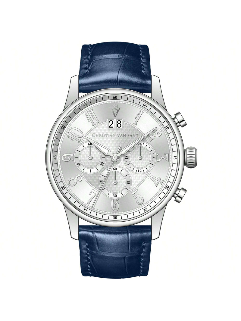Christian Van Sant Men's Heritage CV3942 Strap Silver Dial Quartz Movement Buckle Clasp 42mm Round Watch