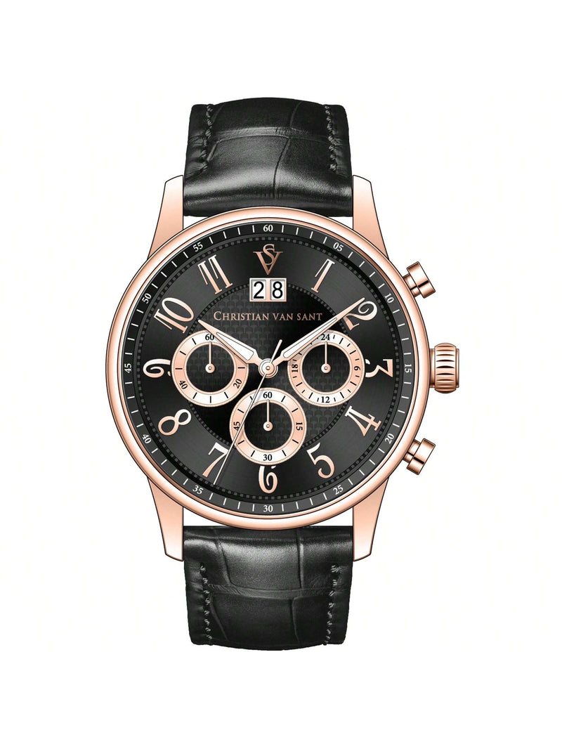 Christian Van Sant Men's Heritage CV3944 Strap Black Dial Quartz Movement Buckle Clasp 42mm Round Watch