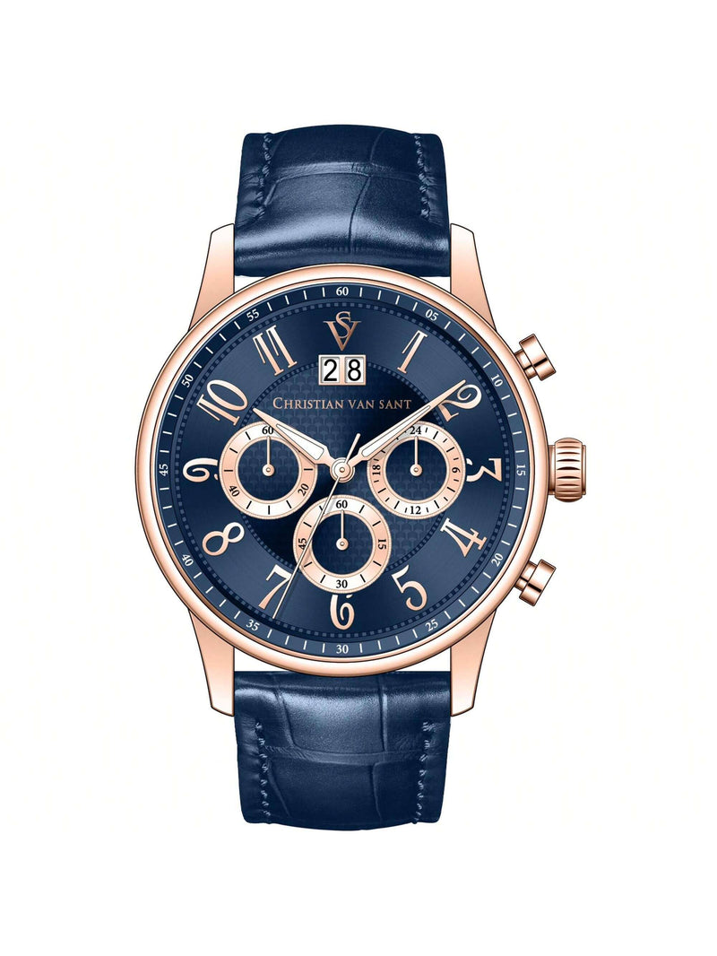 Christian Van Sant Men's Heritage CV3945 Strap Blue Dial Quartz Movement Buckle Clasp 42mm Round Watch