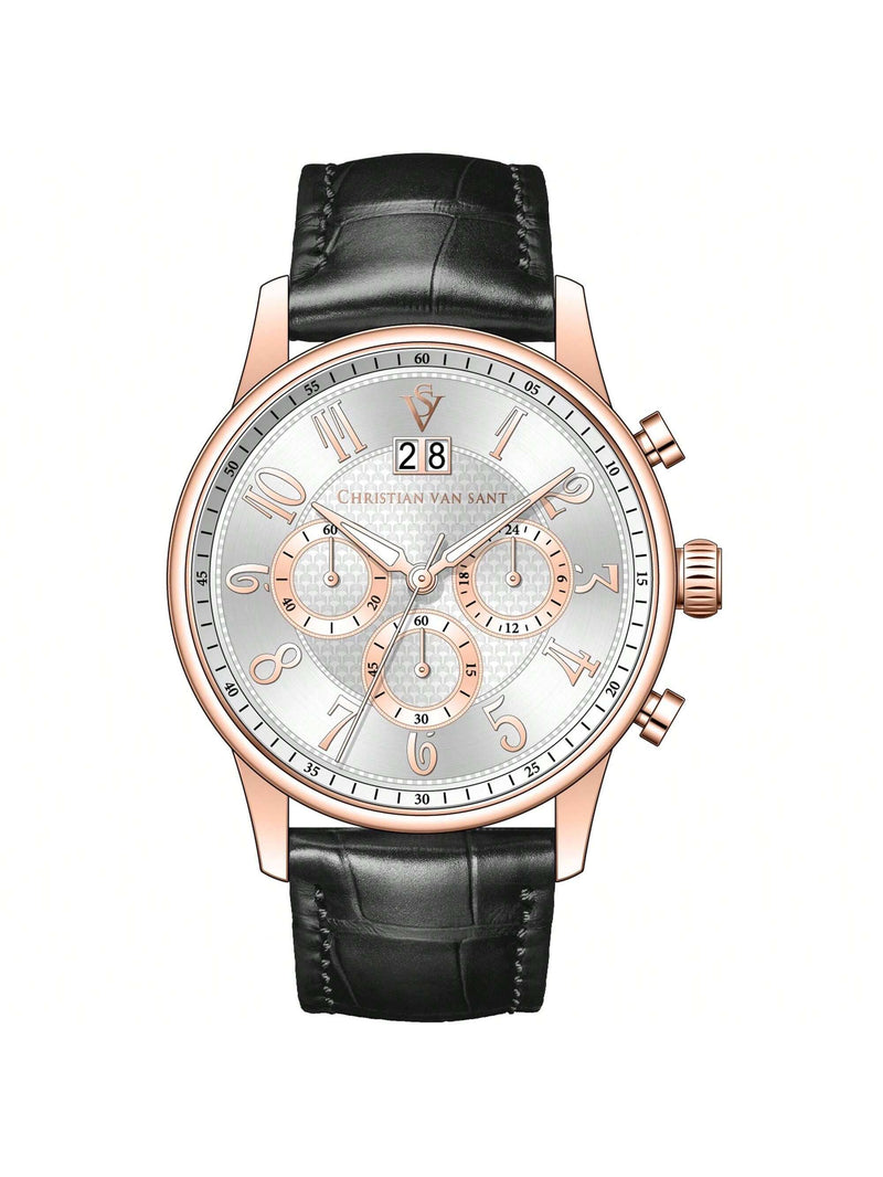 Christian Van Sant Men's Heritage CV3946 Strap Silver Dial Quartz Movement Buckle Clasp 42mm Round Watch