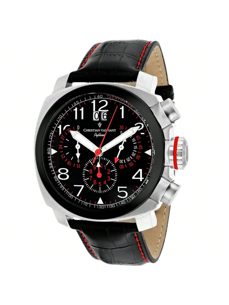 Christian Van Sant Men's Grand Python CV3AU1 Strap Black Dial Swiss parts quartz Movement Deployment-buckle Clasp 50mm Round Watch