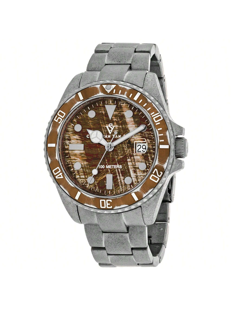 Christian Van Sant Men's Montego Vintage CV5101 Bracelet Brown Dial Quartz Movement Fold over Clasp 44mm Round Watch