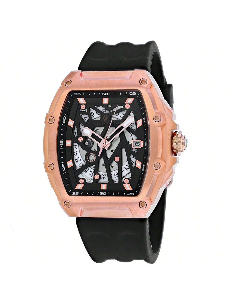 Christian Van Sant Men's Odyssey CV6195 Strap Black Dial Automatic Movement Buckle Clasp 50mm Tonneau Watch