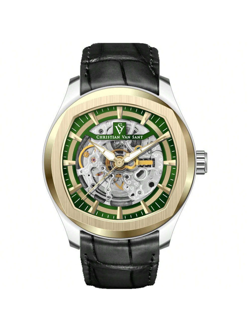 Christian Van Sant Men's Romeo CV9503 Strap Green Dial Automatic Movement Buckle Clasp 42mm Round Watch