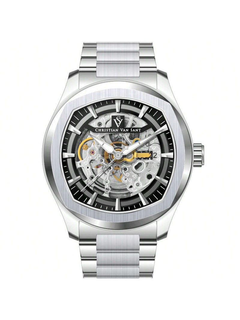 Christian Van Sant Men's Romeo CV9504 Bracelet Black Dial Automatic Movement Deployment Clasp 42mm Round Watch