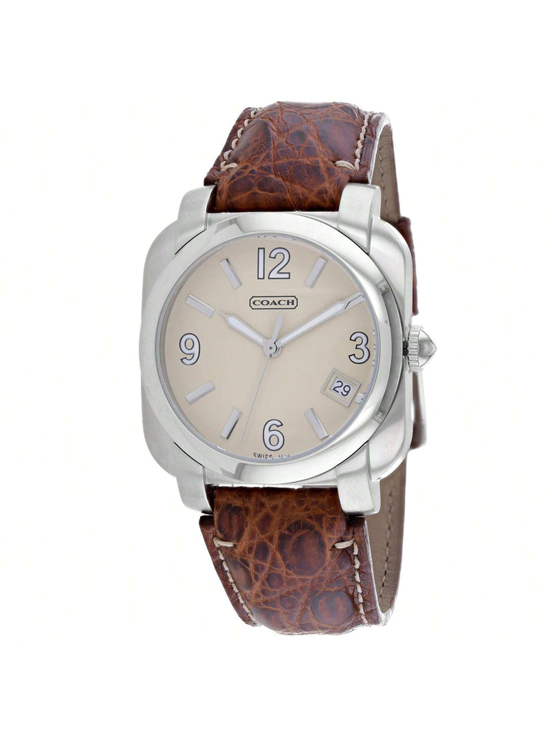 Coach Men's Brown Leather Silver Quartz 14600444 Strap Beige Dial Quartz Movement Buckle Clasp 44mm Round Watch