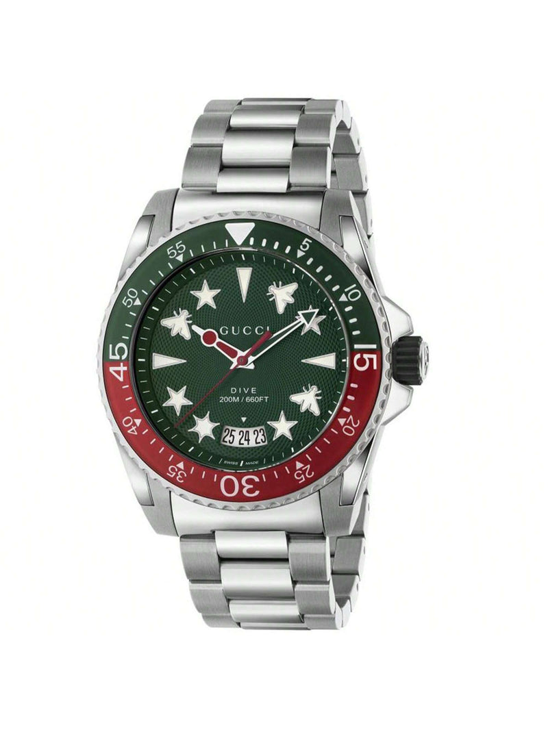 Gucci Men's Dive YA136222 Bracelet Green Dial Quartz Movement Deployment Clasp 45mm Round Watch