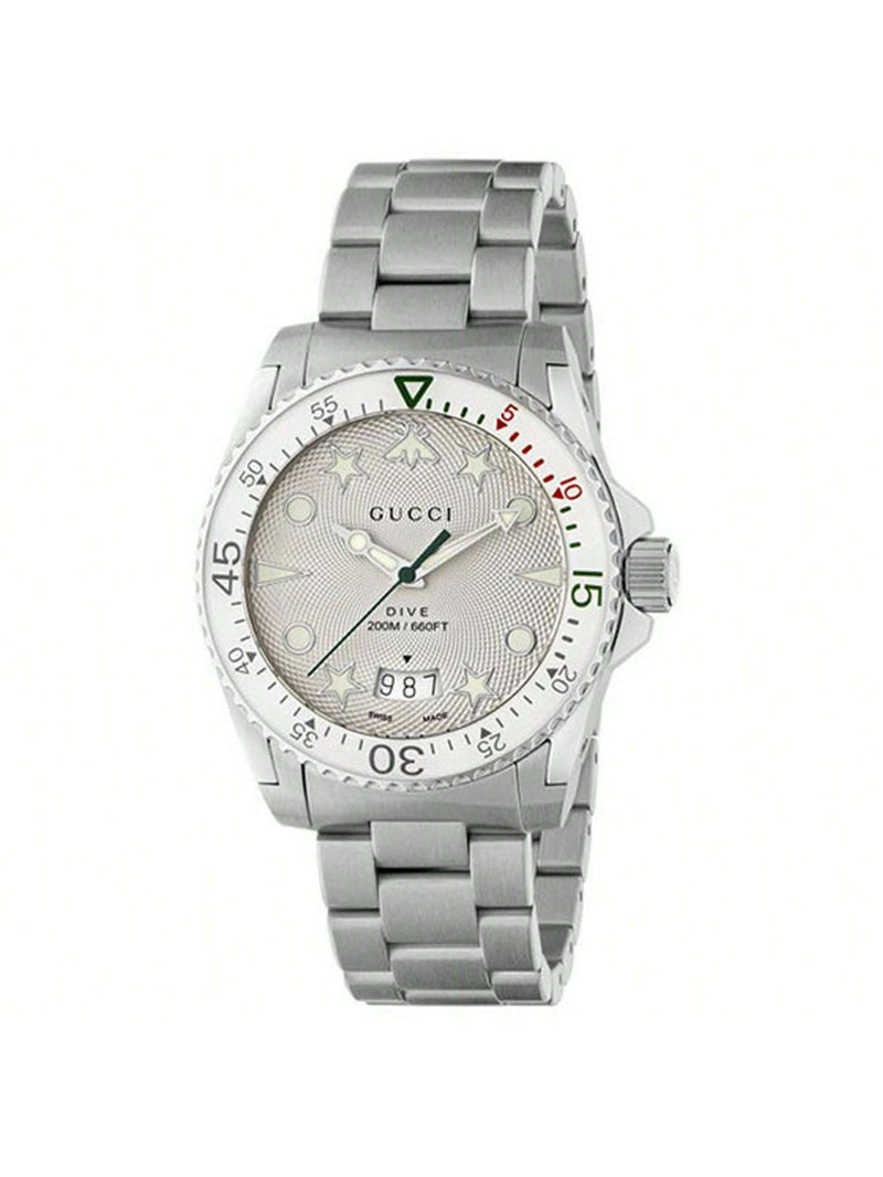 Gucci Men's Dive YA136336 Bracelet Silver Dial Quartz Movement Foldover Clasp 40mm Round Watch