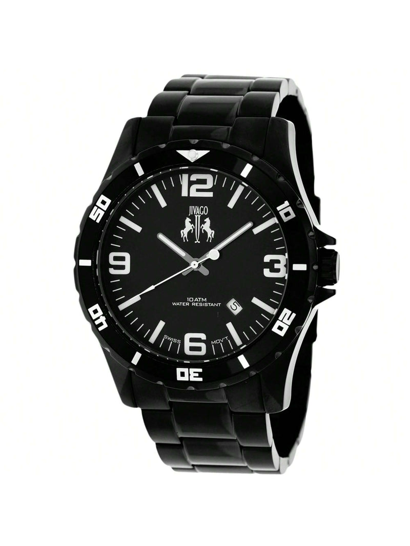Jivago Men's Ultimate JV6110 Bracelet Black Dial Swiss Parts Quartz  Movement Deployment Clasp 47mm Round Watch