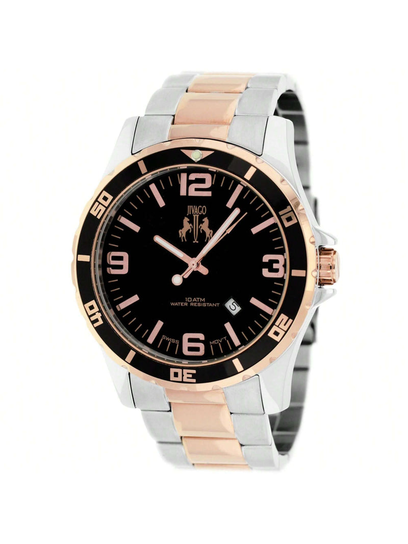 Jivago Men's Ultimate JV6118 Bracelet Black Dial Swiss Parts Quartz  Movement Deployment Clasp 47mm Round Watch