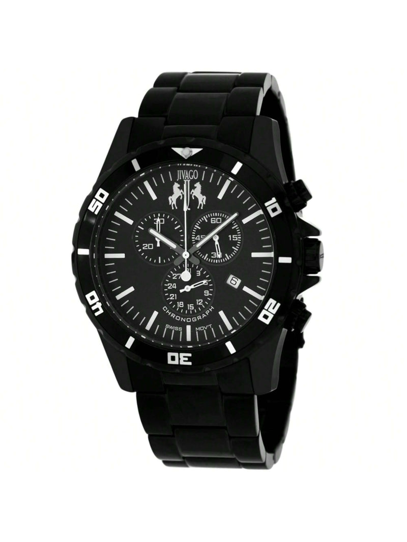 Jivago Men's Ultimate JV6120 Bracelet Black Dial Swiss Parts Quartz  Movement Deployment Clasp 47mm Round Watch