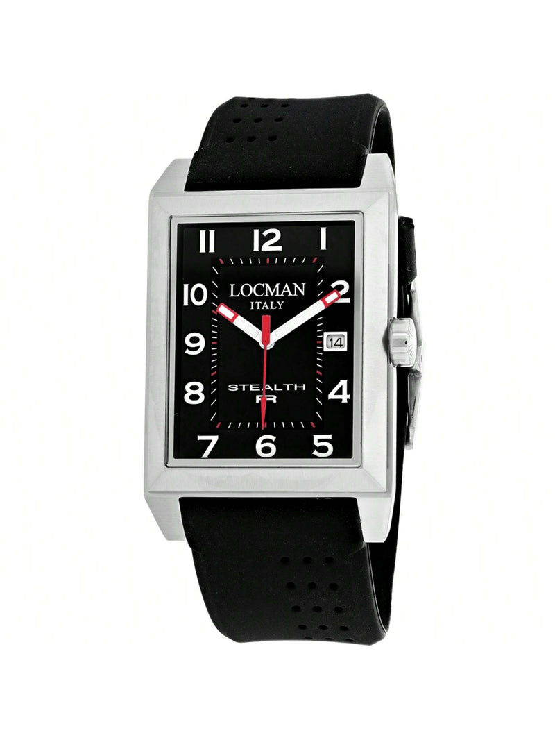 Locman Men's Stealth 240BK2BK Strap Black Dial Quartz Movement Buckle Clasp 34mm Rectangle Watch