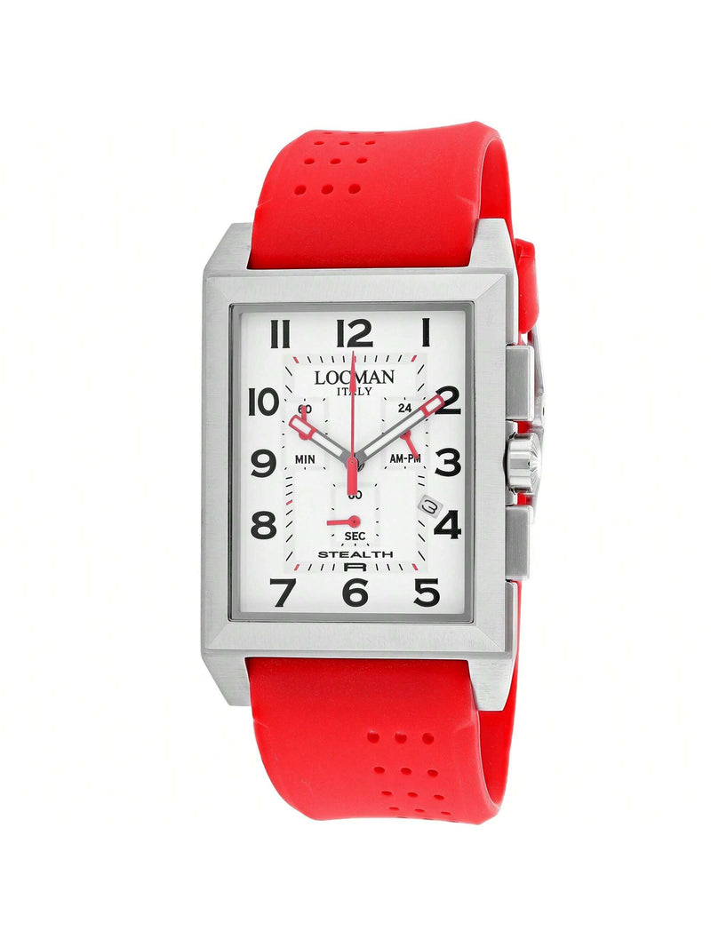 Locman Men's Stealth 242WH2BK/RD Strap White Dial Quartz Movement Buckle Clasp 36mm Square Watch