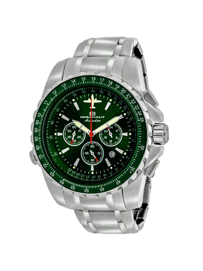 Oceanaut Men's Aviador Pilot OC0117 Bracelet Green Dial Quartz Movement Fold over Clasp 45mm Round Watch