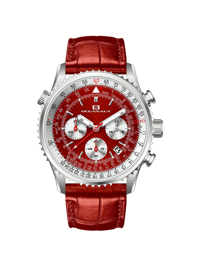 Oceanaut Men's Flight OC0129 Strap Red Dial Quartz Movement Buckle Clasp 46mm Round Watch