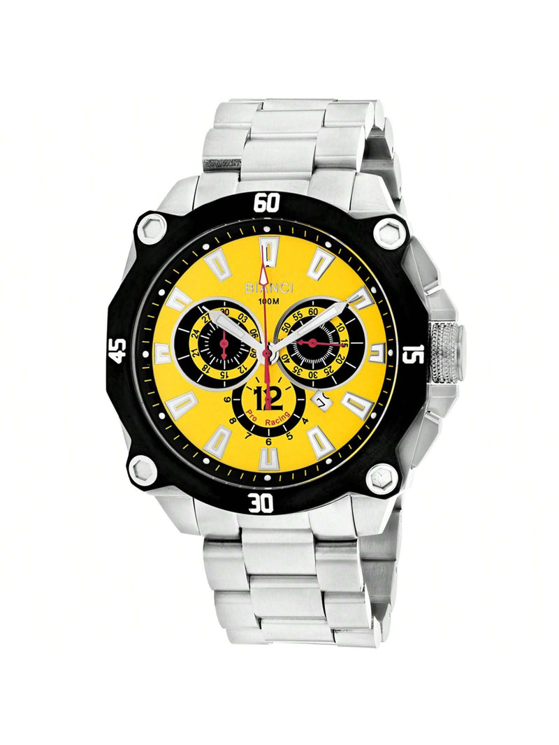 Roberto Bianci Men's Enzo RB71011 Bracelet Yellow Dial Swiss Parts Quartz Movement Fold over Clasp 49mm Round Watch