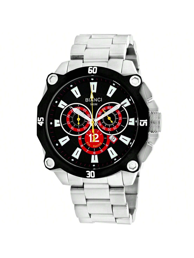 Roberto Bianci Men's Enzo RB71013 Bracelet Black Dial Swiss Parts Quartz Movement Fold over Clasp 49mm Round Watch