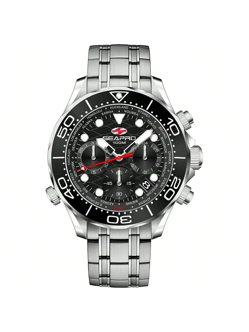 Seapro Men's Mondial Timer SP0150 Bracelet Black Dial Quartz Movement Deployment Clasp 44mm Round Watch