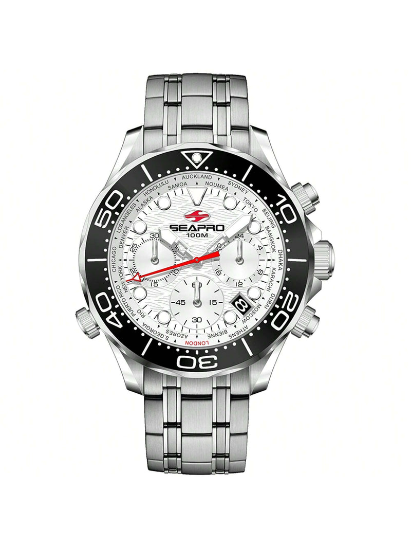 Seapro Men's Mondial Timer SP0151 Bracelet White Dial Quartz Movement Deployment Clasp 44mm Round Watch