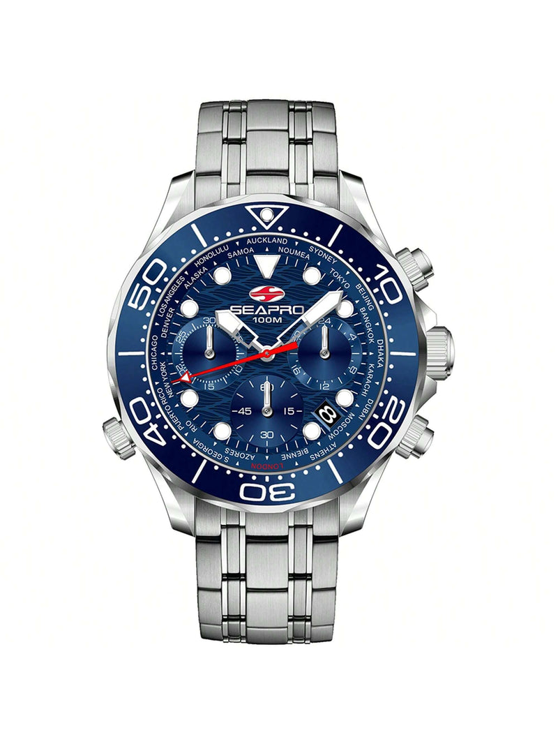 Seapro Men's Mondial Timer SP0152 Bracelet Blue Dial Quartz Movement Deployment Clasp 44mm Round Watch