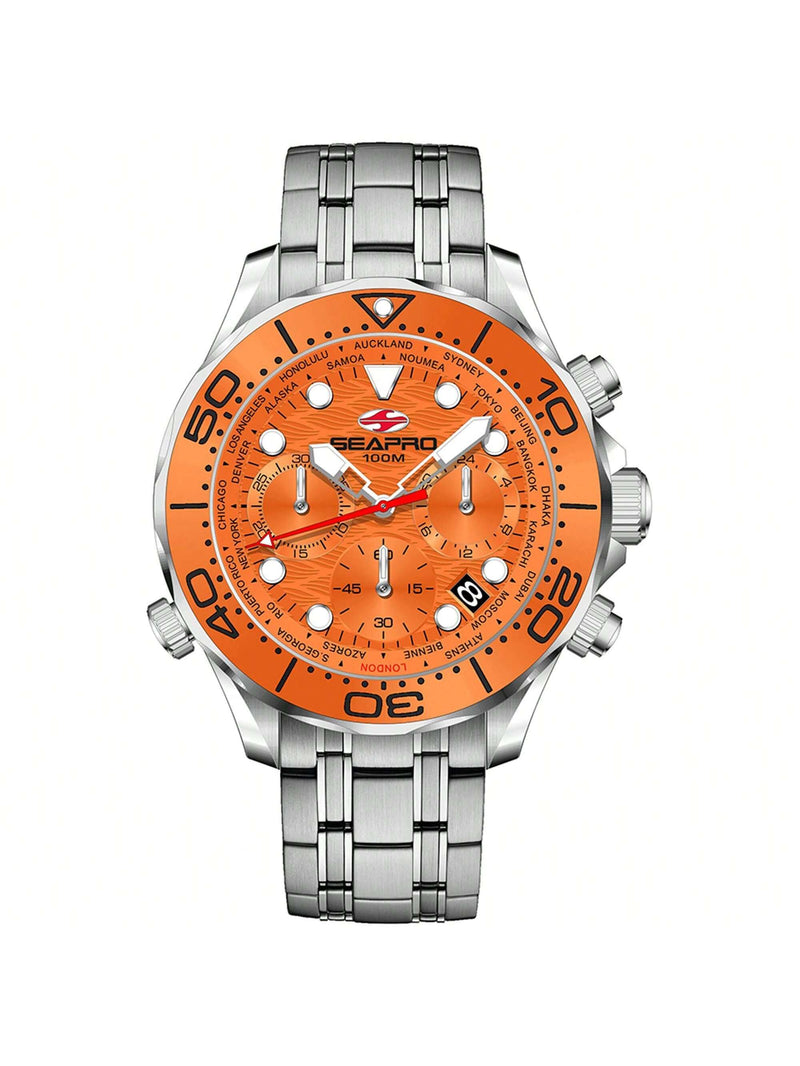 Seapro Men's Mondial Timer SP0154 Bracelet Orange Dial Quartz Movement Deployment Clasp 44mm Round Watch