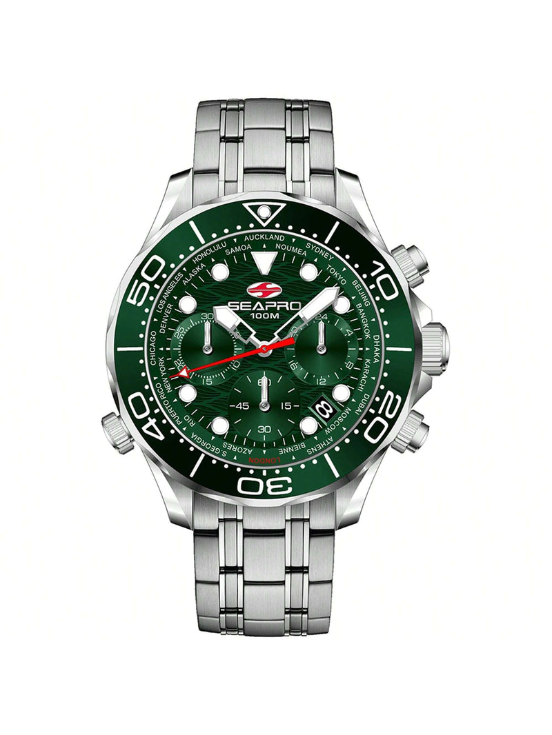 Seapro Men's Mondial Timer SP0155 Bracelet Green Dial Quartz Movement Deployment Clasp 44mm Round Watch
