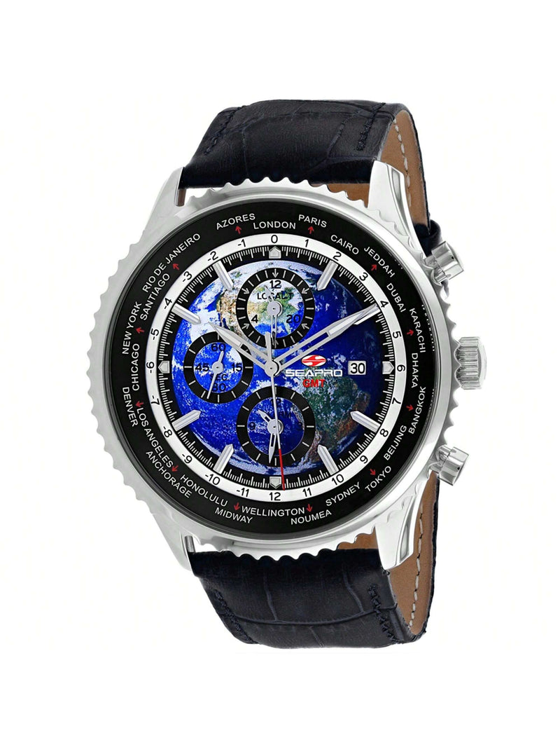 Seapro Men's Meridian World Timer GMT SP7130 Strap Blue Dial Quartz Movement Buckle Clasp 47mm Round Watch