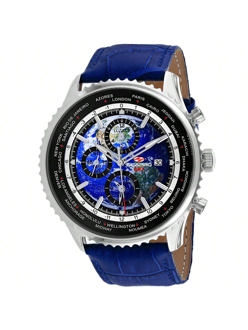 Seapro Men's Meridian World Timer GMT SP7132 Strap Blue Dial Quartz Movement Buckle Clasp 47mm Round Watch