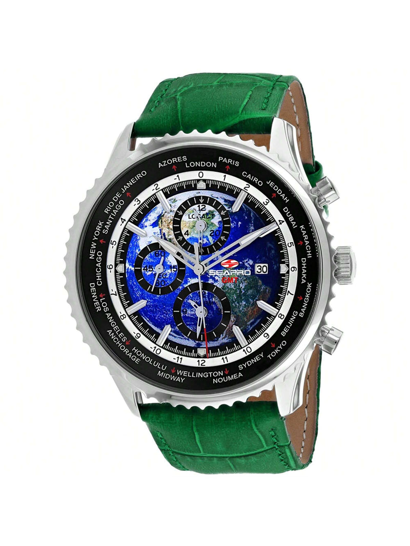 Seapro Men's Meridian World Timer GMT SP7133 Strap Blue Dial Quartz Movement Buckle Clasp 47mm Round Watch