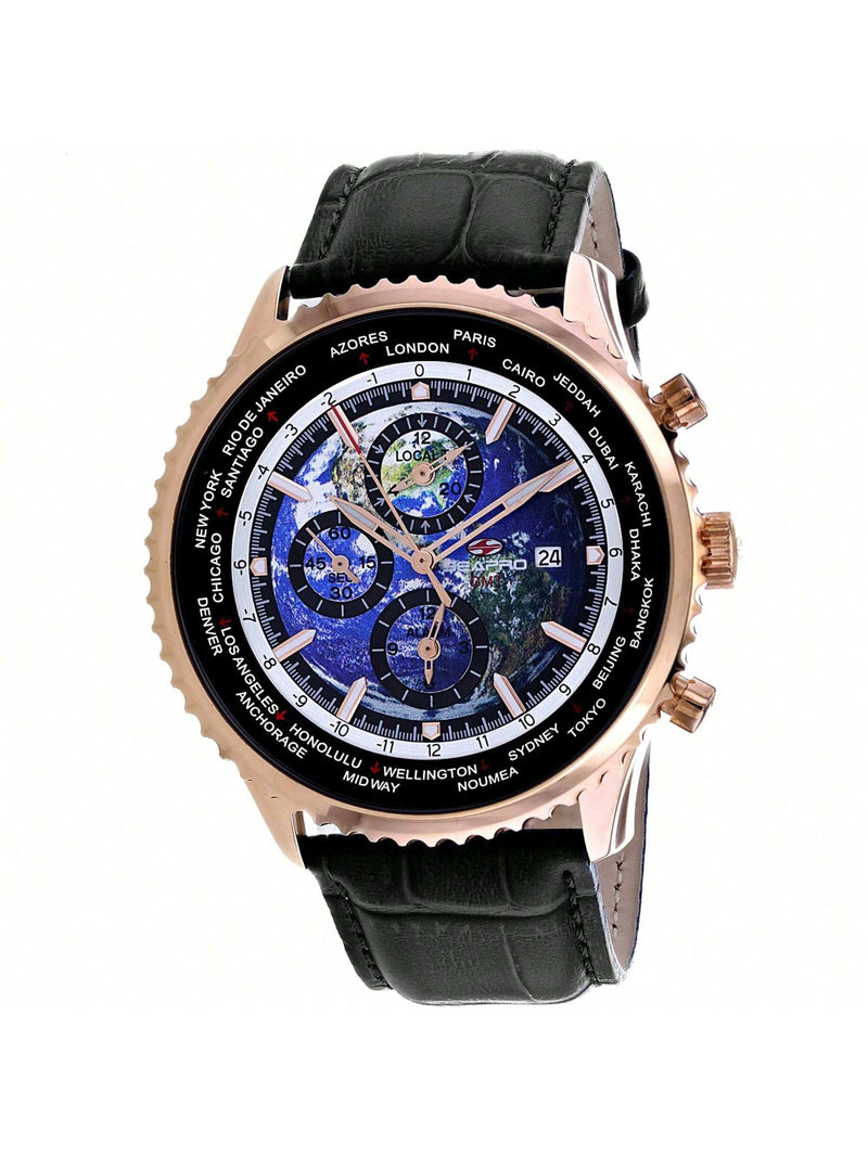 Seapro Men's Meridian World Timer GMT SP7134 Strap Blue Dial Quartz Movement Buckle Clasp 47mm Round Watch
