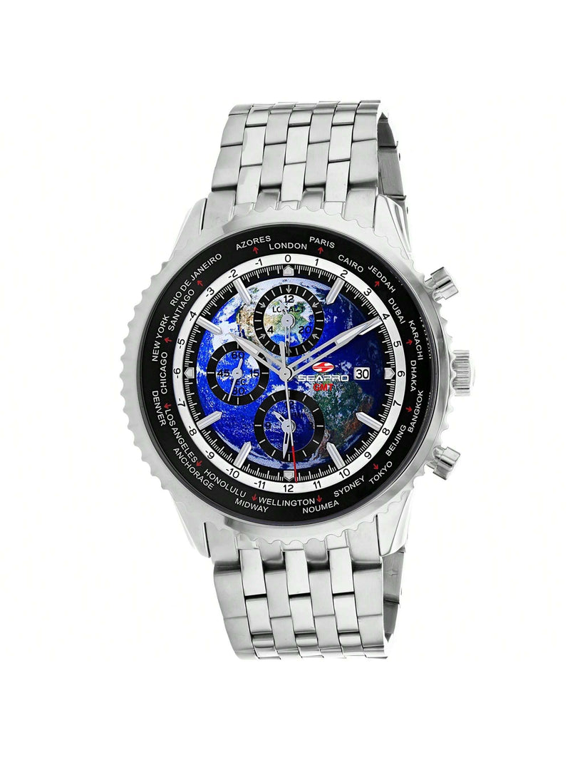 Seapro Men's Meridian World Timer GMT SP7320 Bracelet Blue Dial Quartz Movement Deployment Clasp 47mm Round Watch