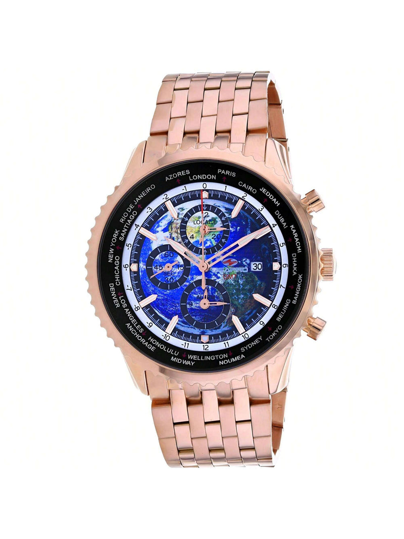 Seapro Men's Meridian World Timer GMT SP7321 Bracelet Blue Dial Quartz Movement Deployment Clasp 47mm Round Watch