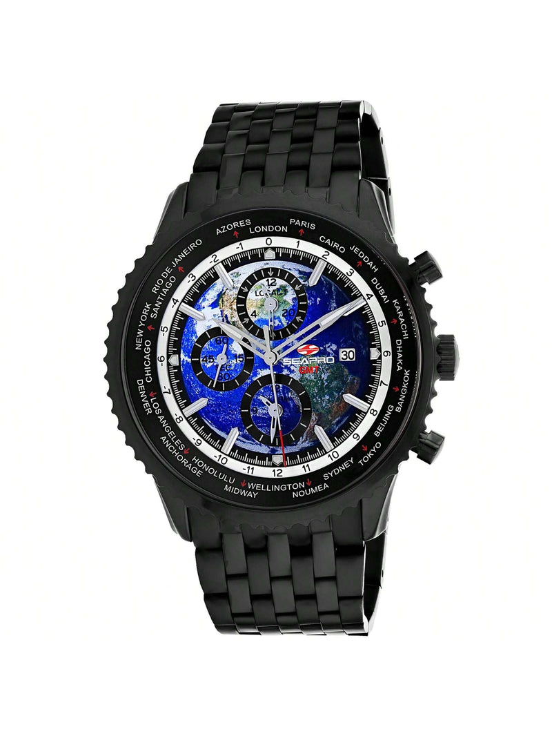 Seapro Men's Meridian World Timer GMT SP7322 Bracelet Blue Dial Quartz Movement Deployment Clasp 47mm Round Watch