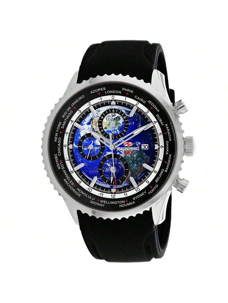 Seapro Men's Meridian World Timer GMT SP7520 Strap Blue Dial Quartz Movement Buckle Clasp 47mm Round Watch